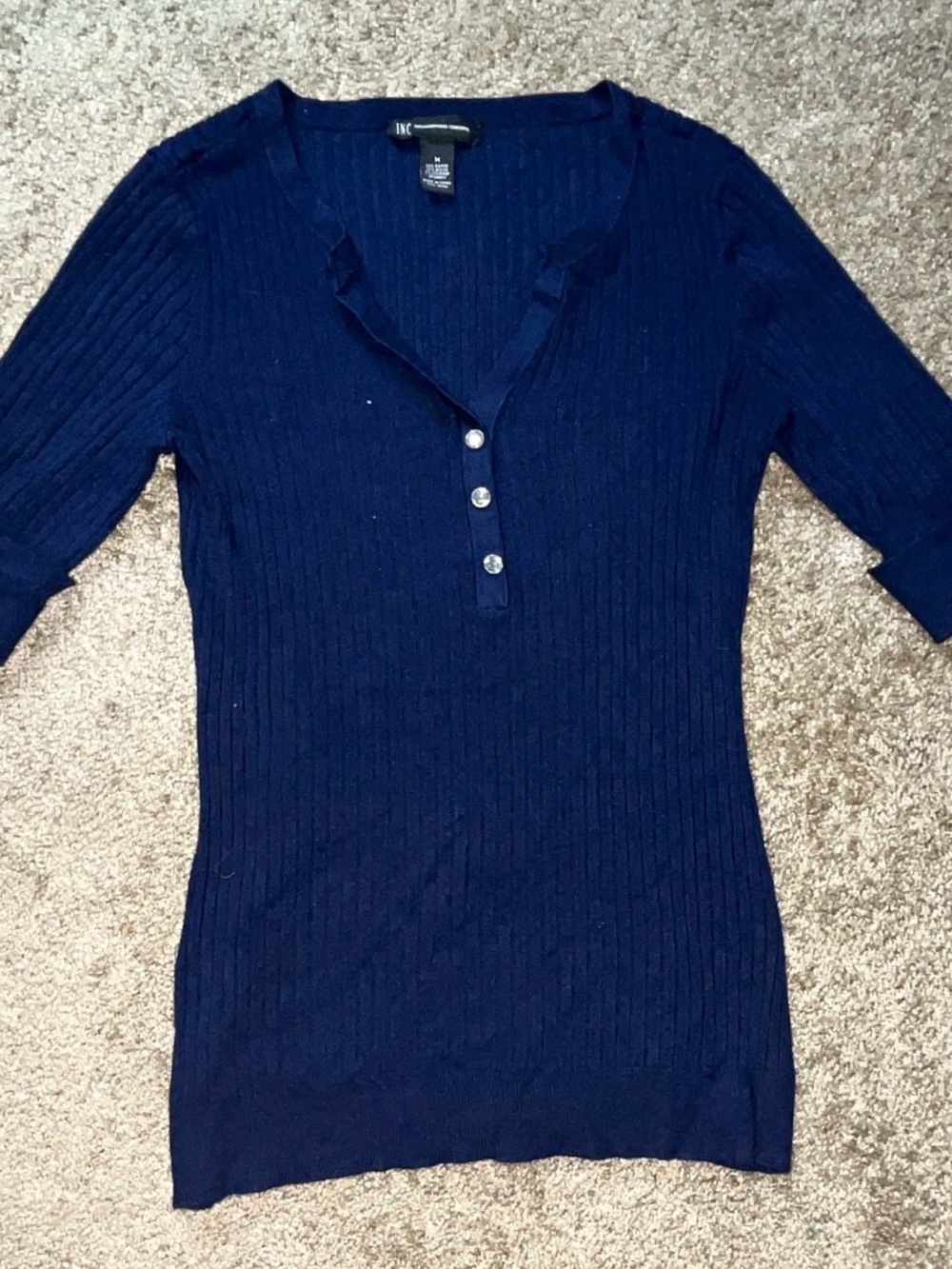 INC International Concepts Navy Ribbed Henley Tee - Three-Button Neck